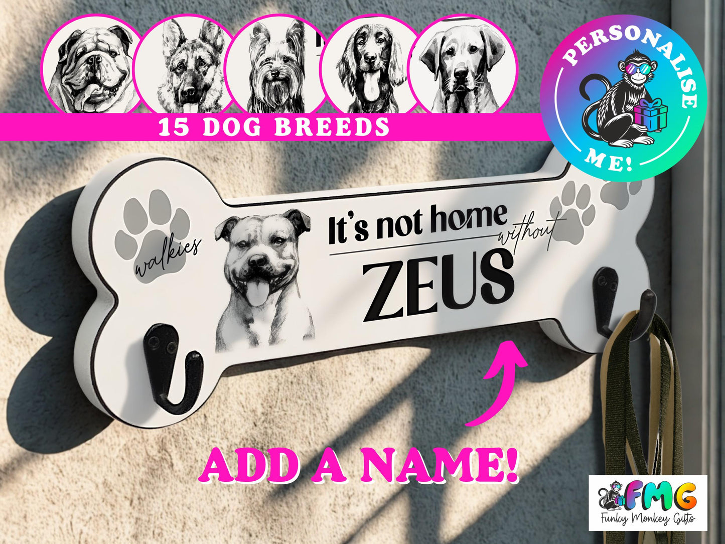 Personalised Name & Dog Breed | Bone Shaped Lead Hanger