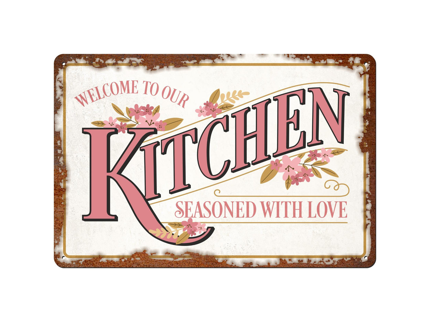 Welcome To Our Kitchen in Pink | Rustic Effect Metal Sign