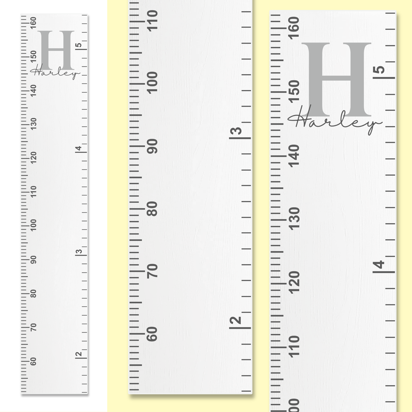 Three growth rulers with personalised name & initial on a yellow background