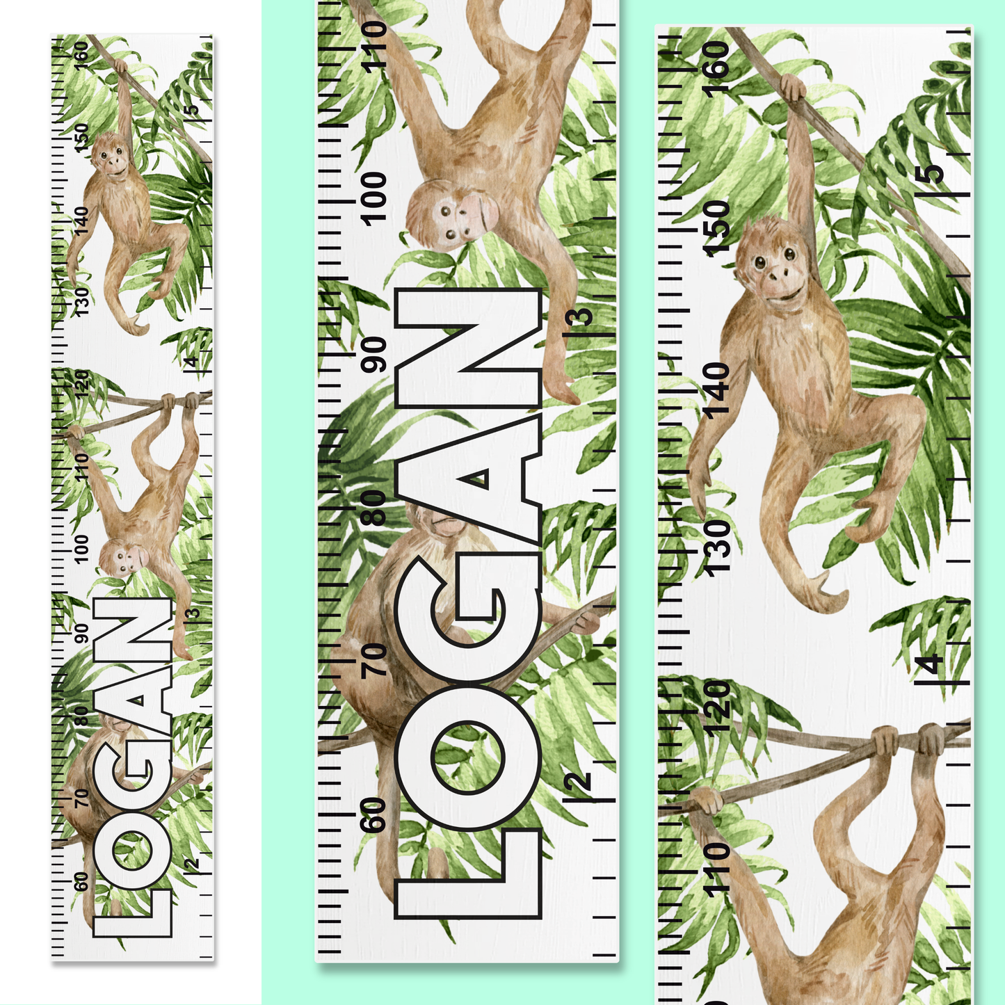 Three height ruler designs with watercolour monkey illustrations and personalised name on a light green background.