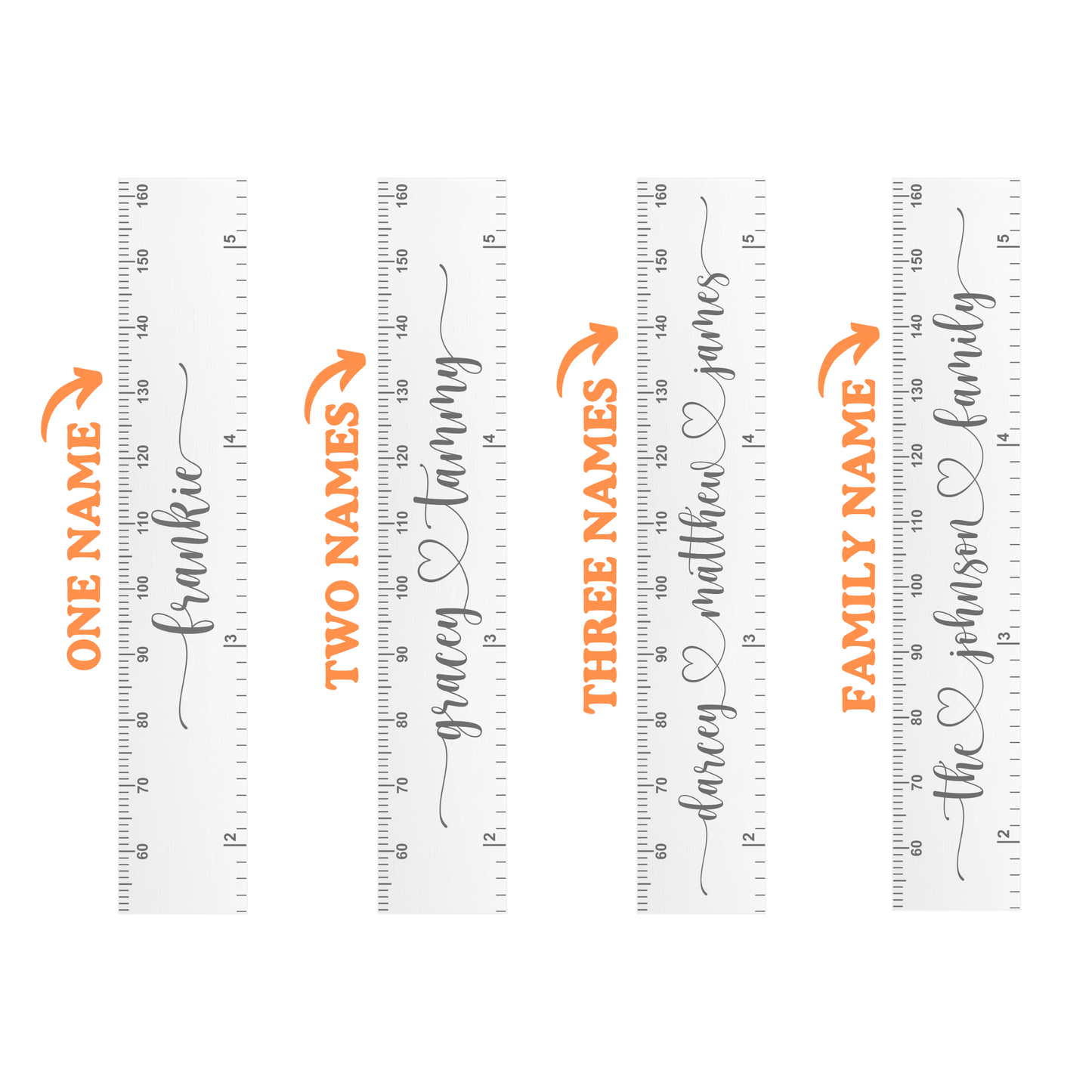 Set of four personalized name rulers showing the examples for 1, 2, 3 custom names or 1 surname, on a white background
