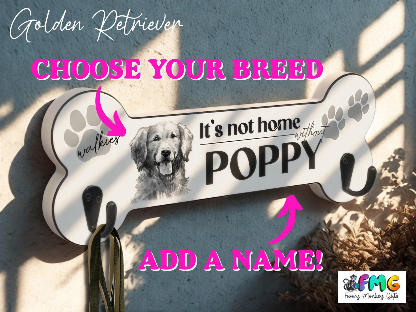 Personalised Name & Dog Breed | Bone Shaped Lead Hanger