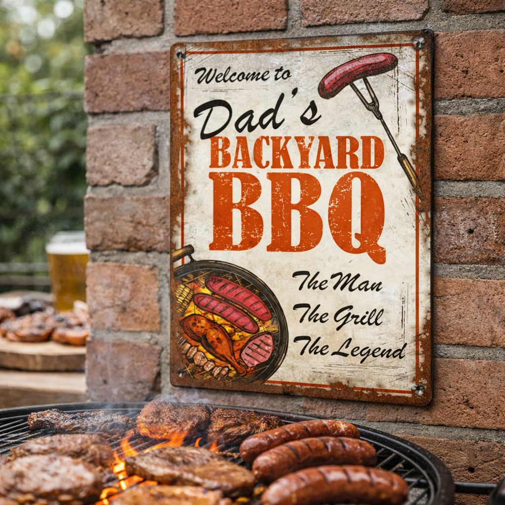 dad's bbq metal printed sign on a brick wall in front of a grill