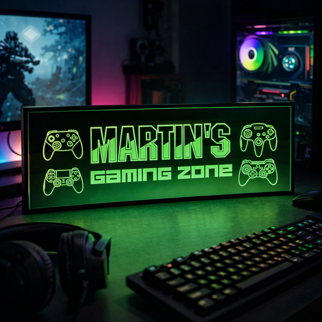 GLOWING GREEN PERSONALISED GAMING LED FRAMED SIGN ON A GAMING DESK