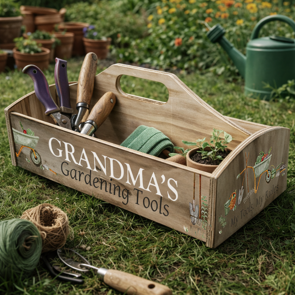 WOODEN GARDEN TOOL CADDY WITH PRINTED ILLUSTRATIONS IN A GARDEN SCENE