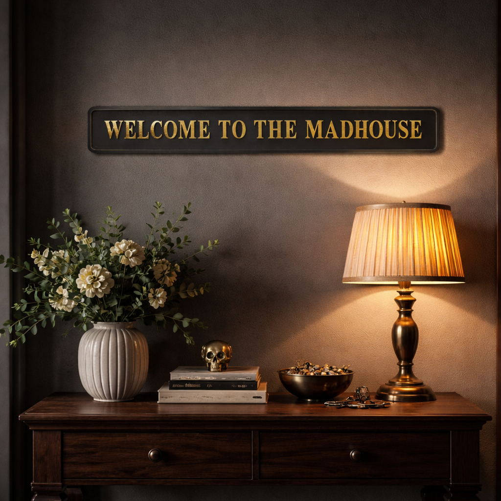 black and gold welcome to the mad house signature foiled street sign in a moody living room