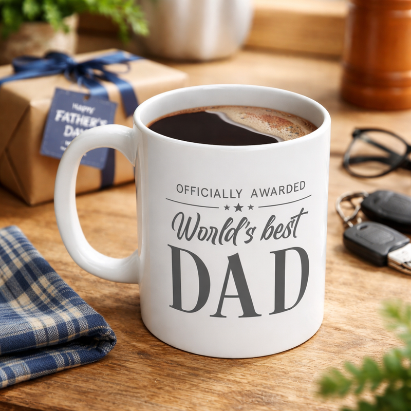 white mug with grey print saying worlds best dad on a coffee table
