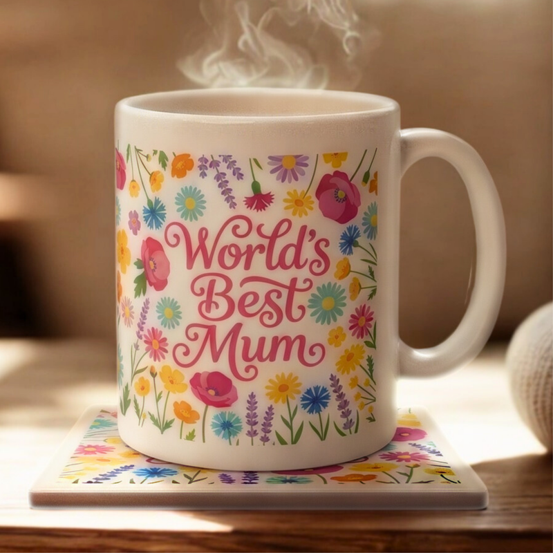 floral worlds best mum ceramic mug with colourful flowers and matching coaster