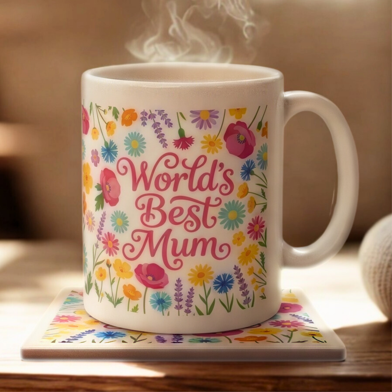 cermaic mug with floral 'worlds best mum' print sat on a matching coaster with steam rising
