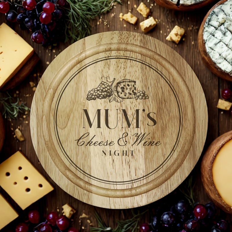 ROUND WOODEN CHEESE BOARD WITH 'MUM'S CHEESE AND WINE NIGHT' ENGRAVED IN THE CENTER