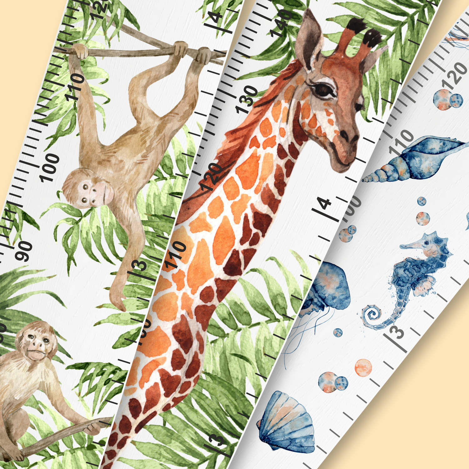 a selection of children's height charts with a variety of colourful animal print designs