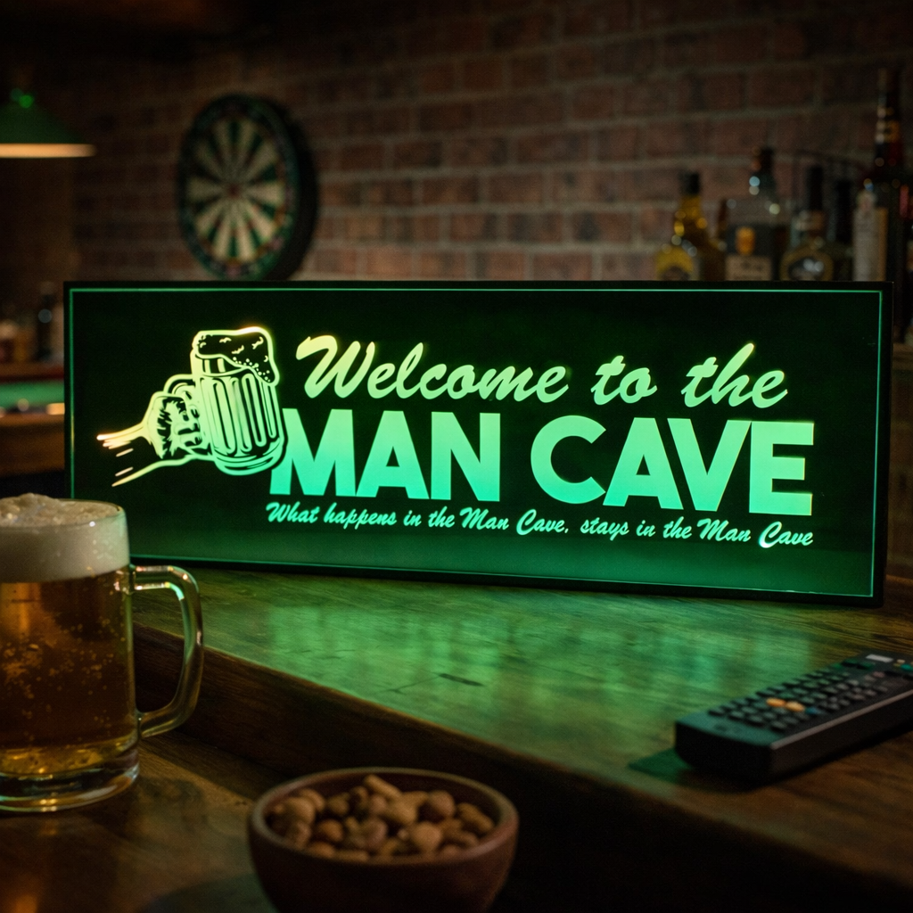 NEON MAN CAVE SIGN GLOWING IN A HOME BAR