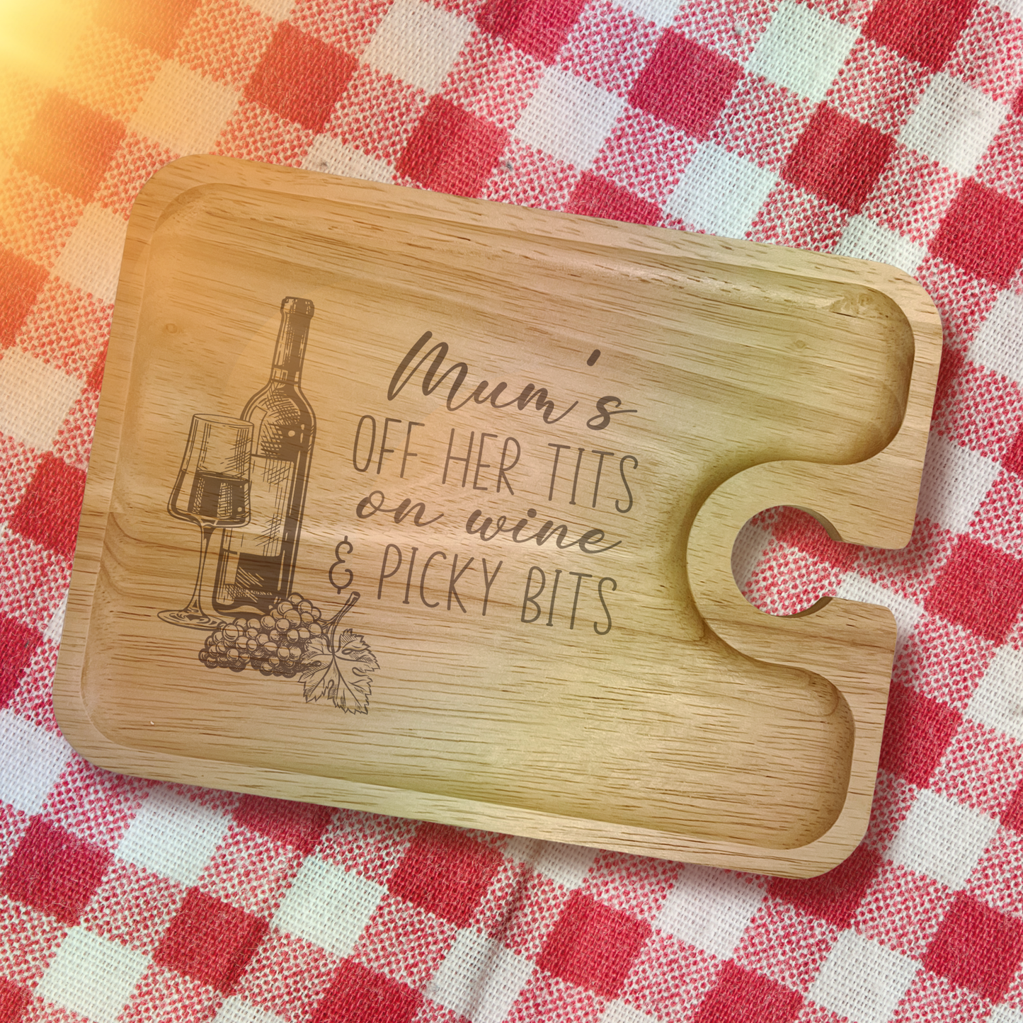 Mum's Off Her Tits On Wine & Picky Bits - Nibble Board With Glass Holder