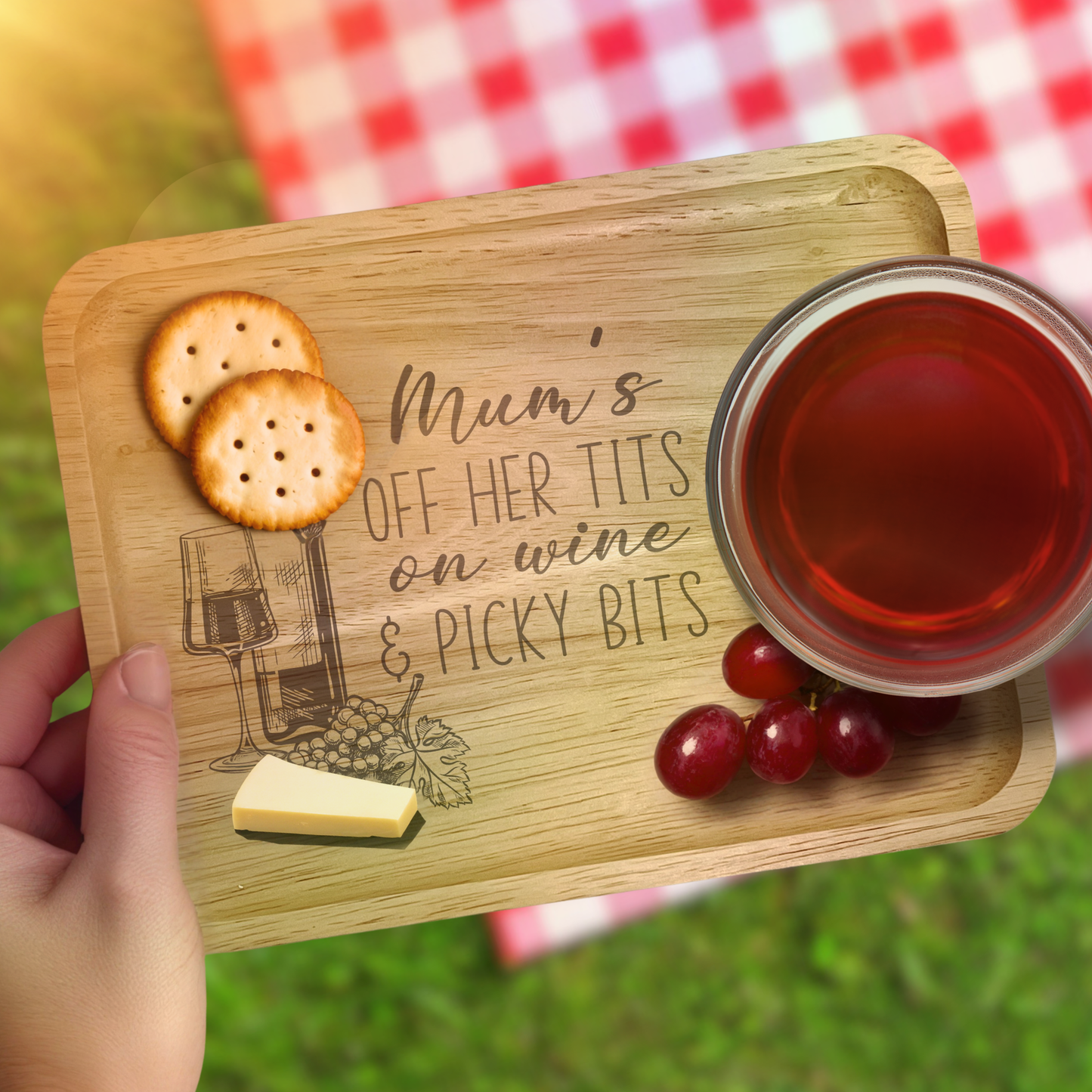 Mum's Off Her Tits On Wine & Picky Bits - Nibble Board With Glass Holder