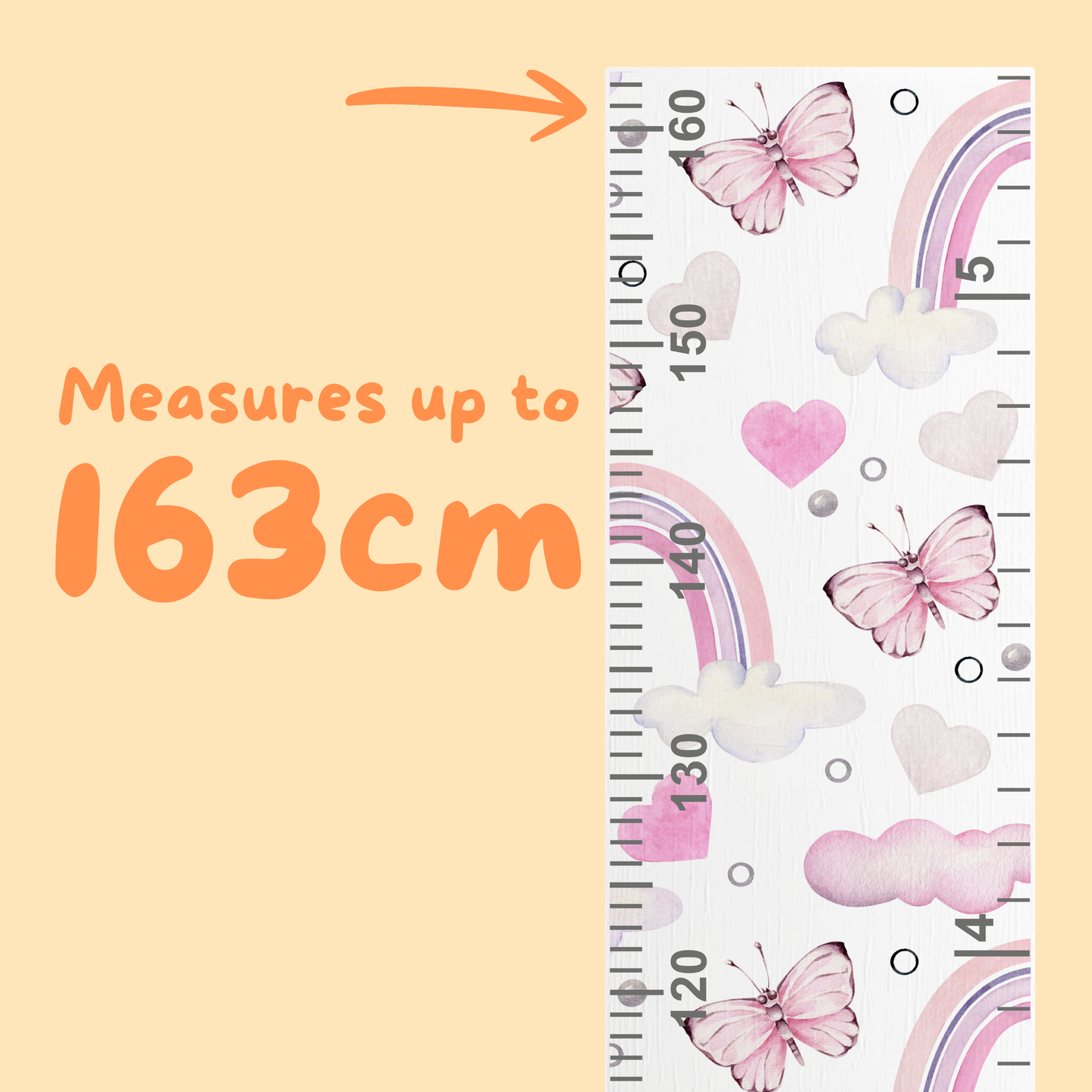 Growth Ruler with pink butterflies and rainbows on a peach background, indicating measurement up to 163cm.