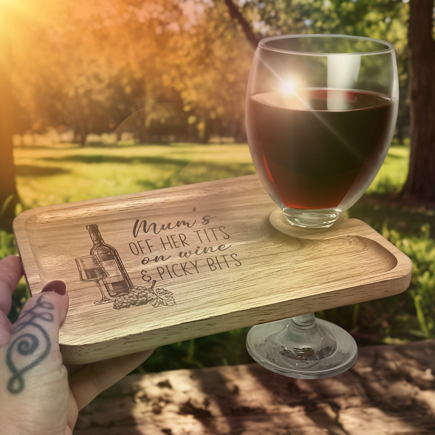 Mum's Off Her Tits On Wine & Picky Bits - Nibble Board With Glass Holder