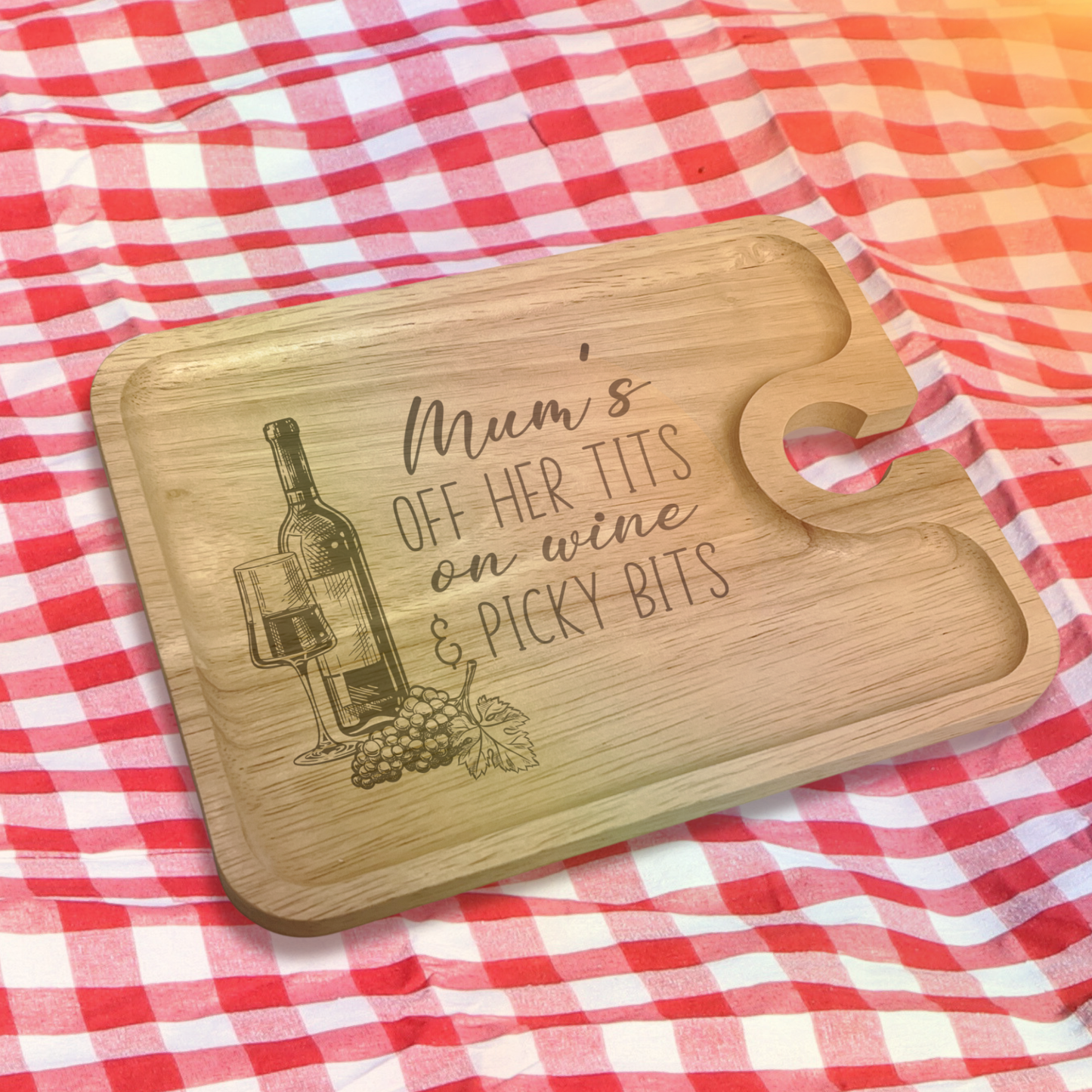 Mum's Off Her Tits On Wine & Picky Bits - Nibble Board With Glass Holder