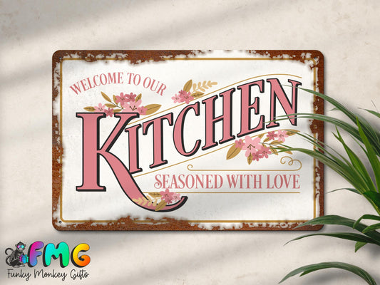 Welcome To Our Kitchen in Pink | Rustic Effect Metal Sign