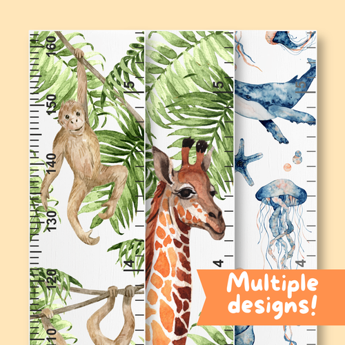 Three height chart designs with watercolour animals (a giraffe, monkeys and sea creatures) on a beige background