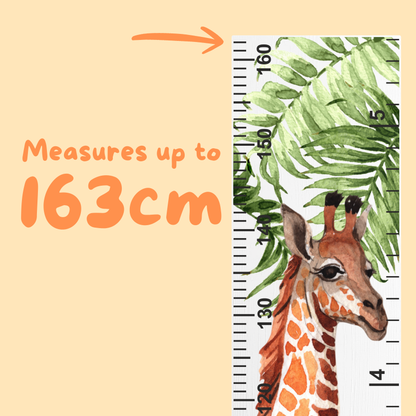Ruler with a giraffe illustration and leaf pattern, indicating measurement up to 163cm on a beige background.