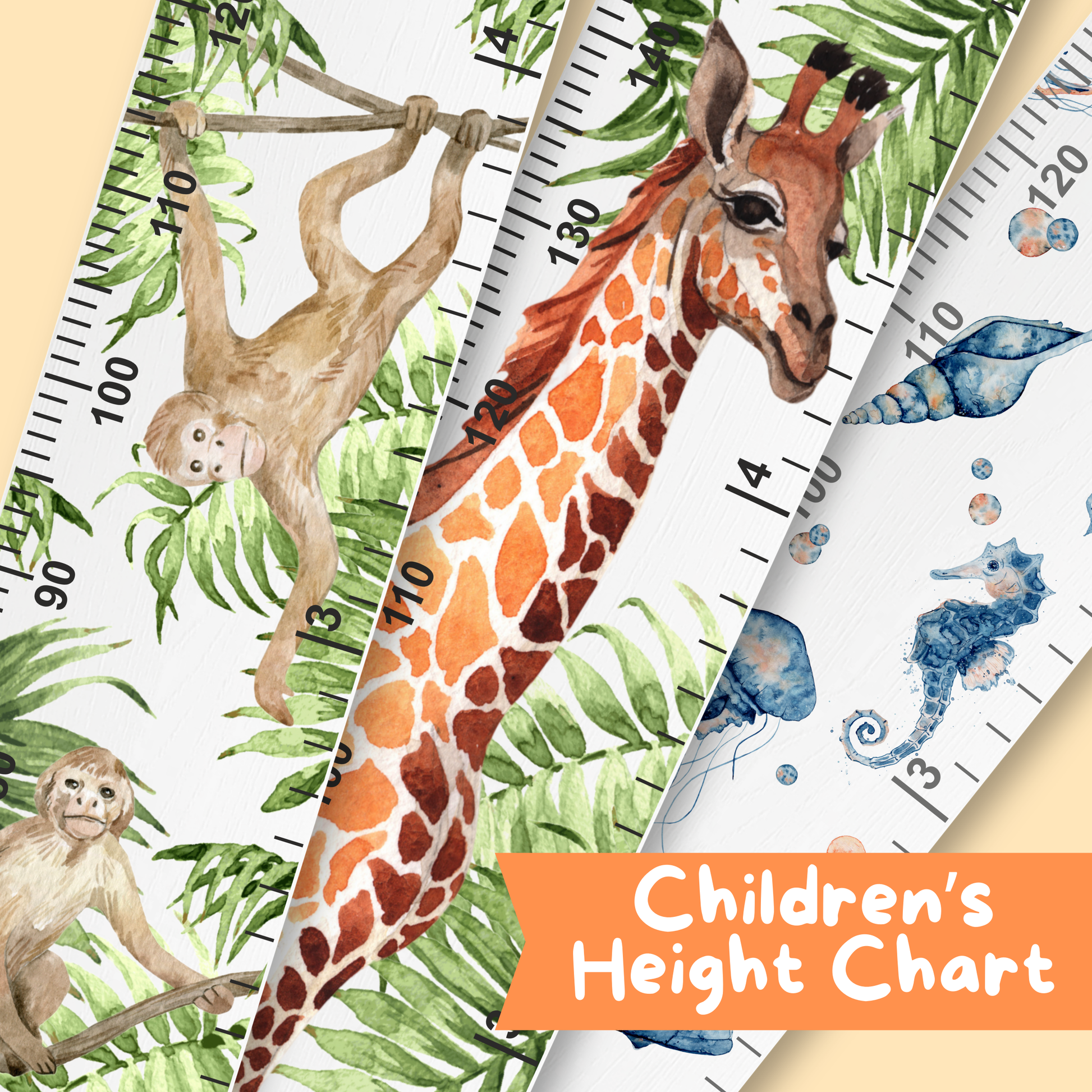 Children's height charts with watercolour animal illustrations on a beige background