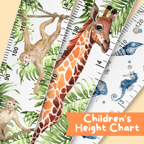 Children's height charts with watercolour animal illustrations on a beige background