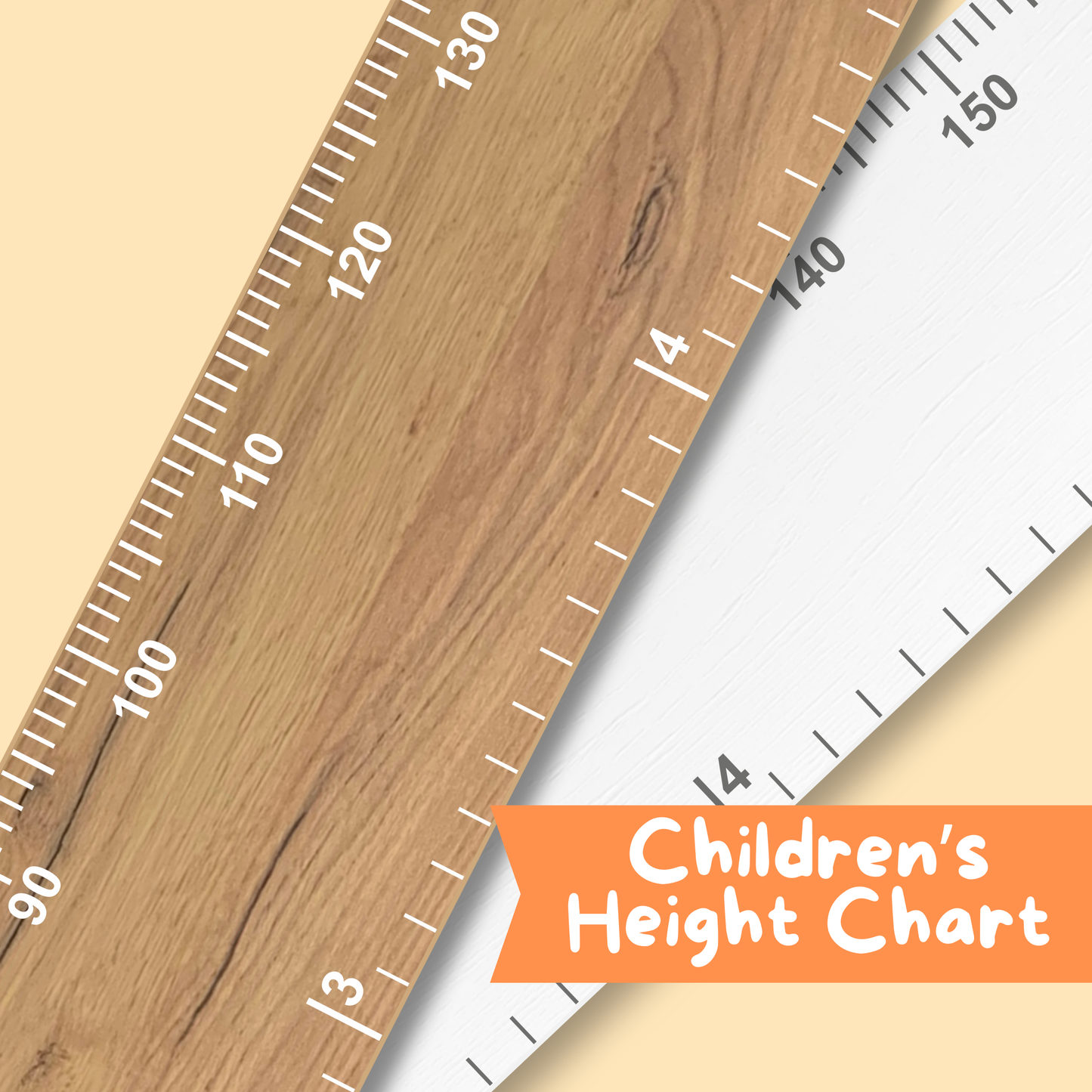 Children's height charts, one natural wood and the other wide on a beige background.