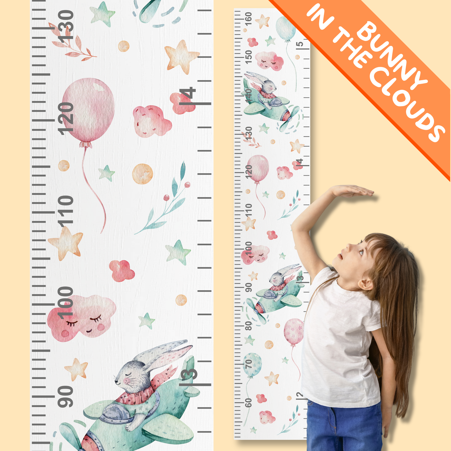 Child standing next to a growth chart with 'Bunny in the Clouds' design