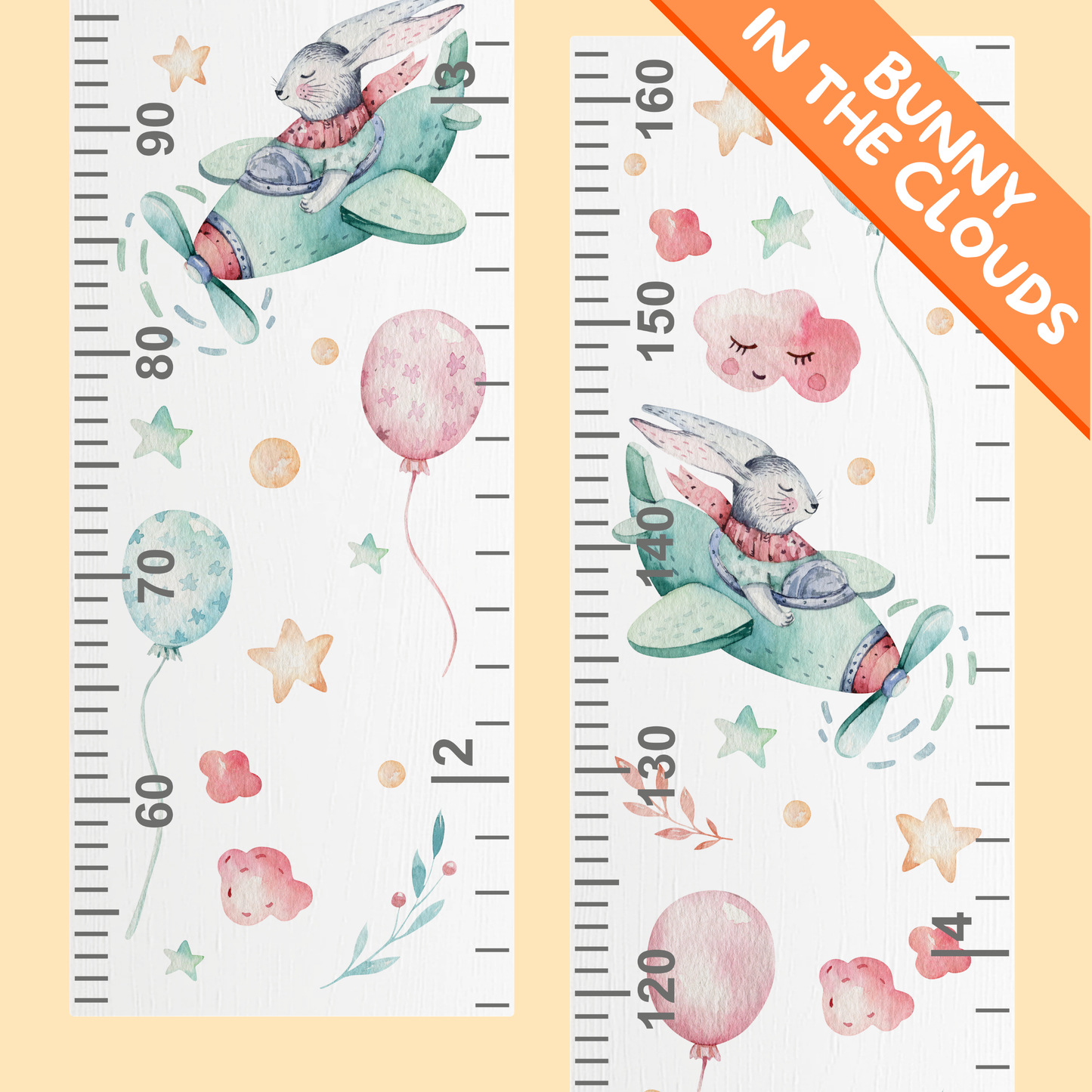 Children's height chart with a bunny character in an airplane and balloons on a yellow background.
