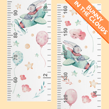 Children's height chart with a bunny character in an airplane and balloons on a yellow background.