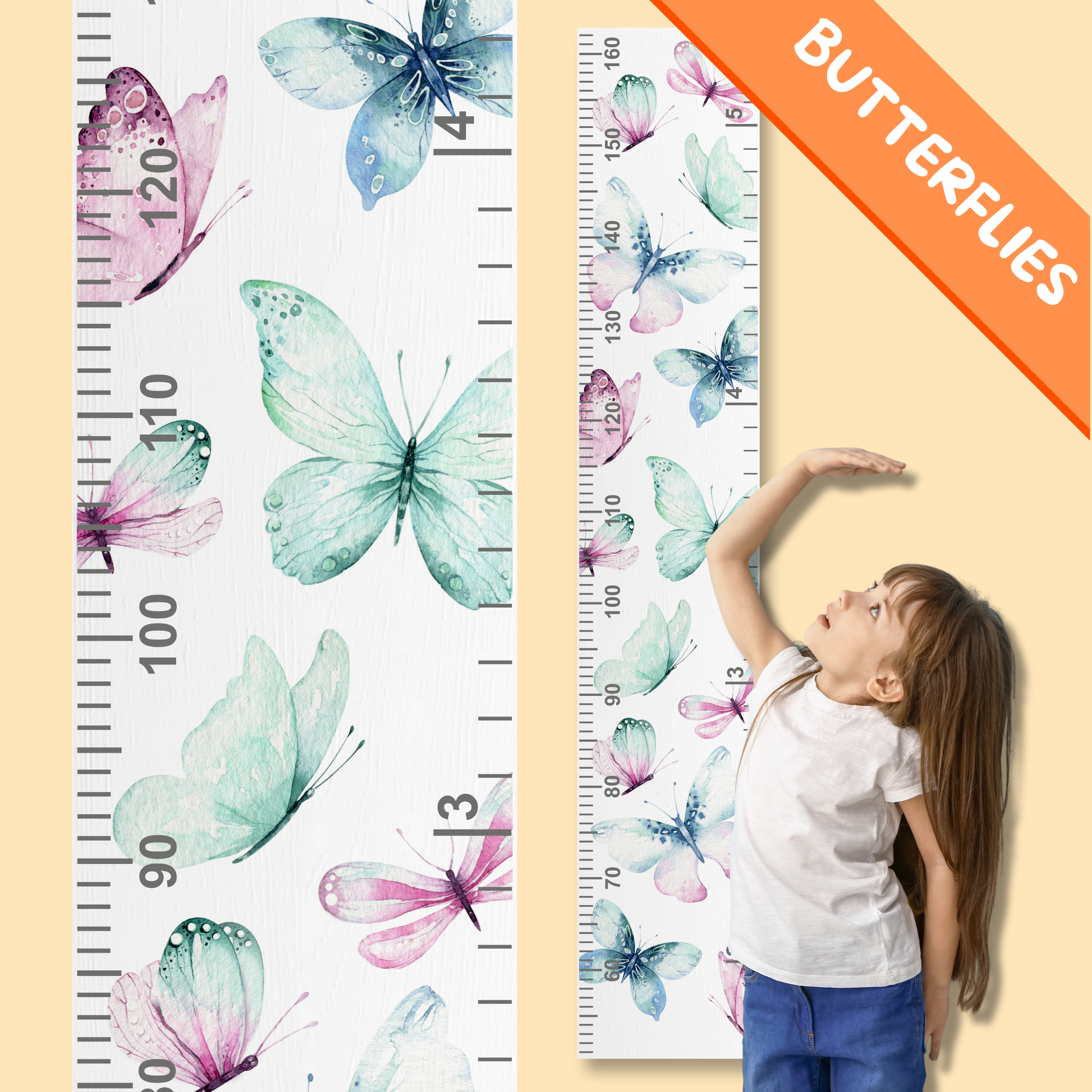 Height chart with watercolour butterfly design and a child standing next to it on a beige background.