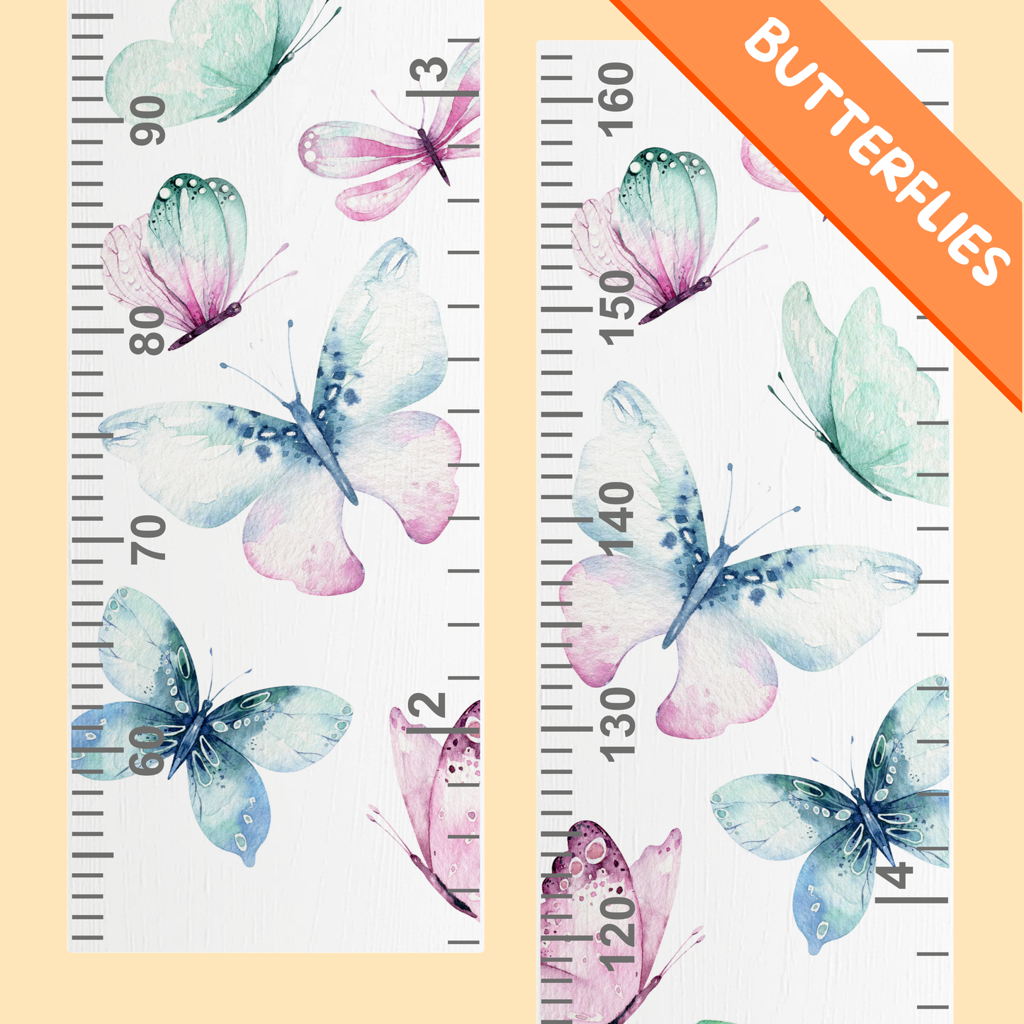close up of a height ruler with butterfly designs and measurement markings on a white background.