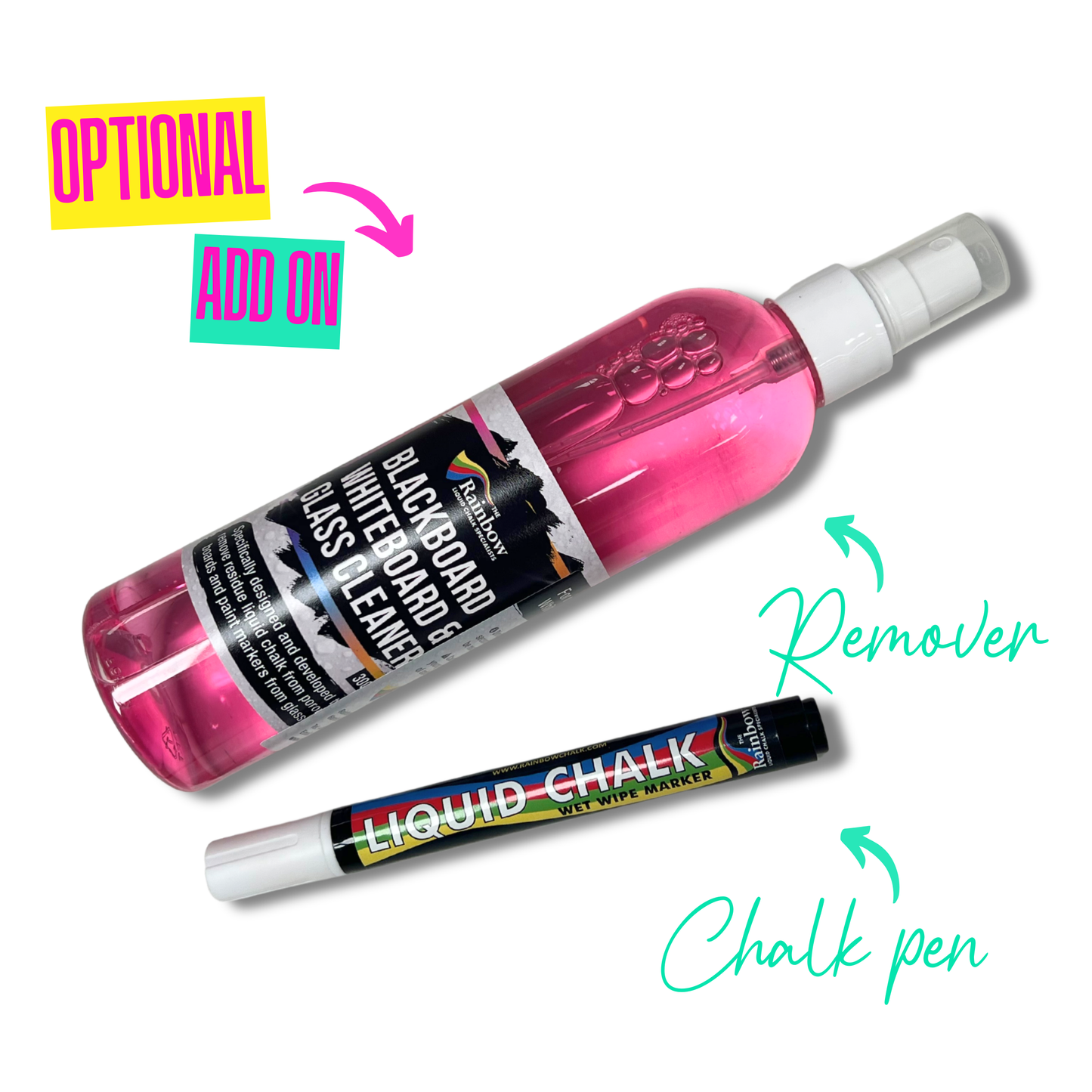 Liquid chalk pen and bottle of blackboard cleaner on a white background with an 'optional add on' header.