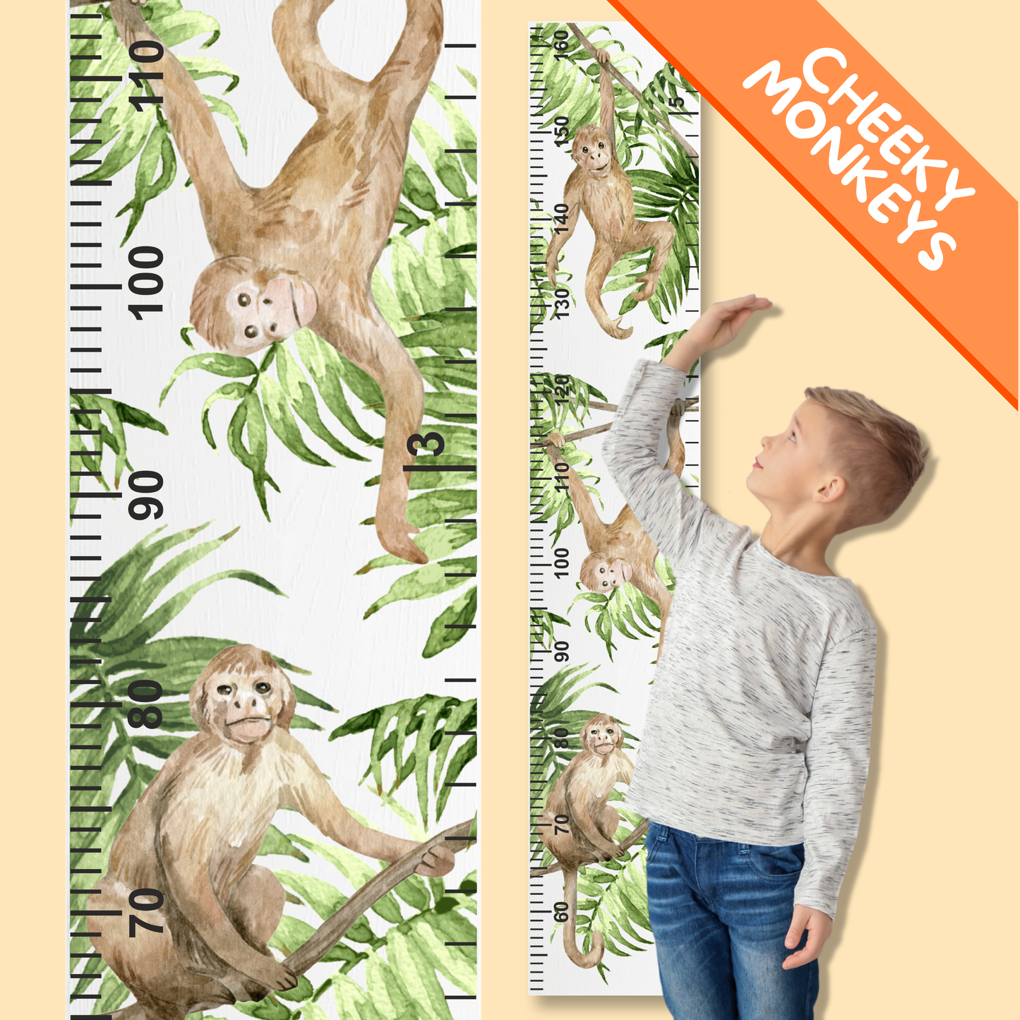 Growth chart with monkey design and a child measuring their height.