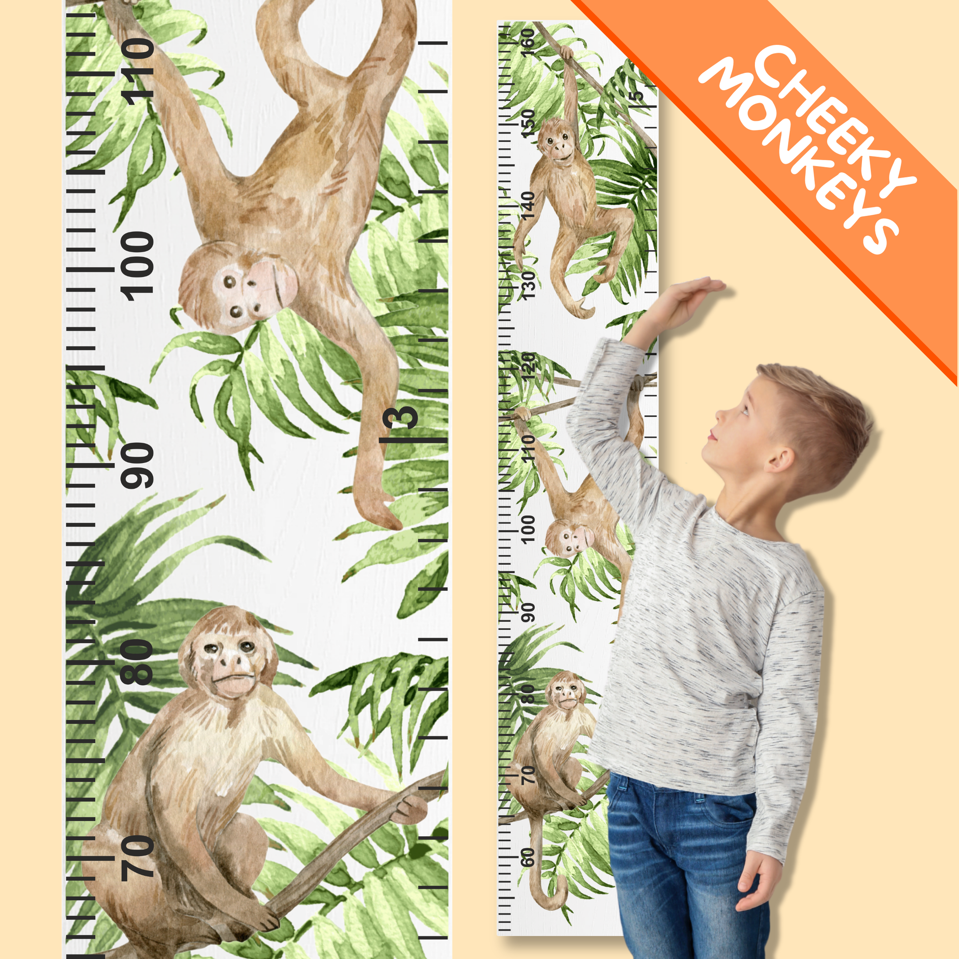 Growth chart with monkey design and a child measuring their height.