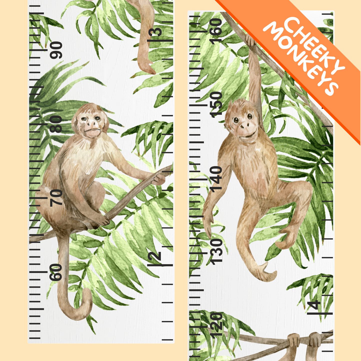 Two rulers with monkey illustrations on a leafy background, labeled 'Cheeky Monkeys'.
