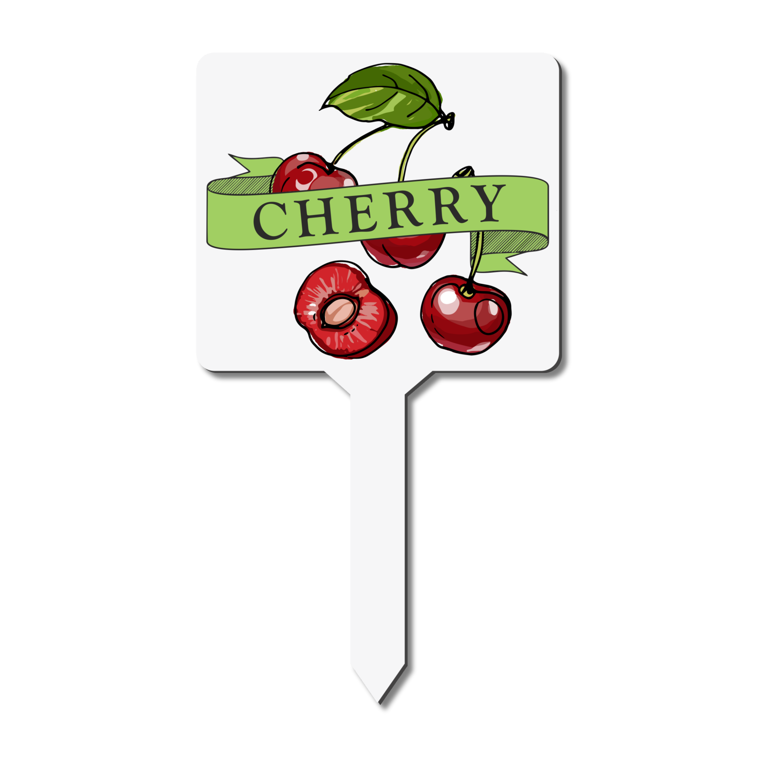 Garden marker with cherry illustration and text in a garden setting