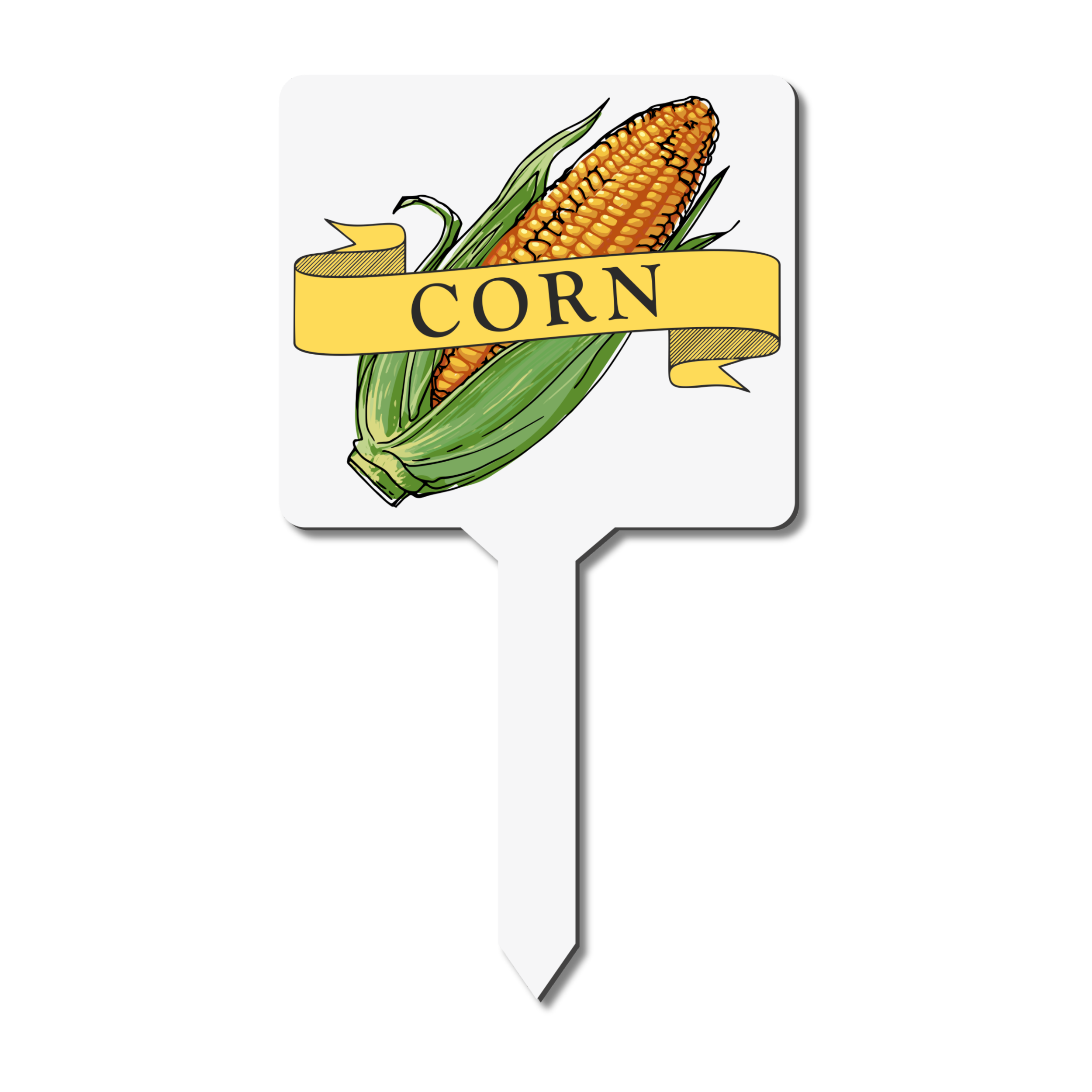 White plant marker with 'corn' text and corn on the cob illustration