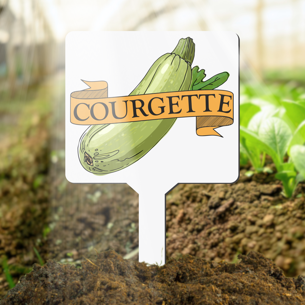 Plant marker sign with courgette illustration and label