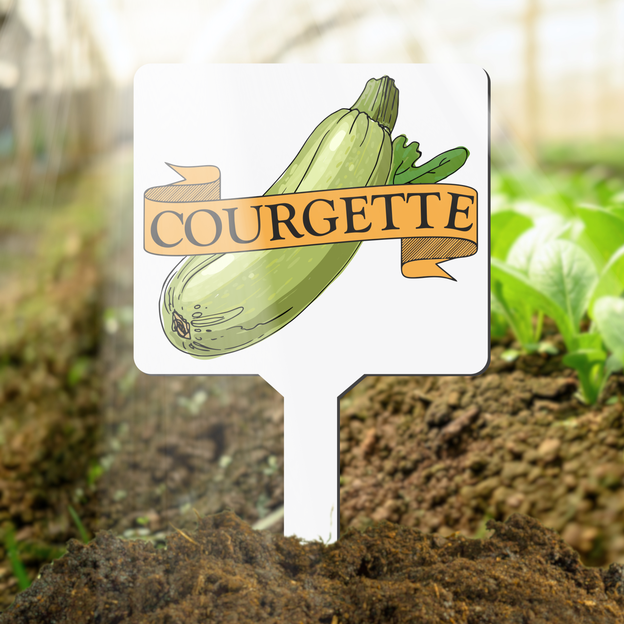 Plant marker sign with courgette illustration and label