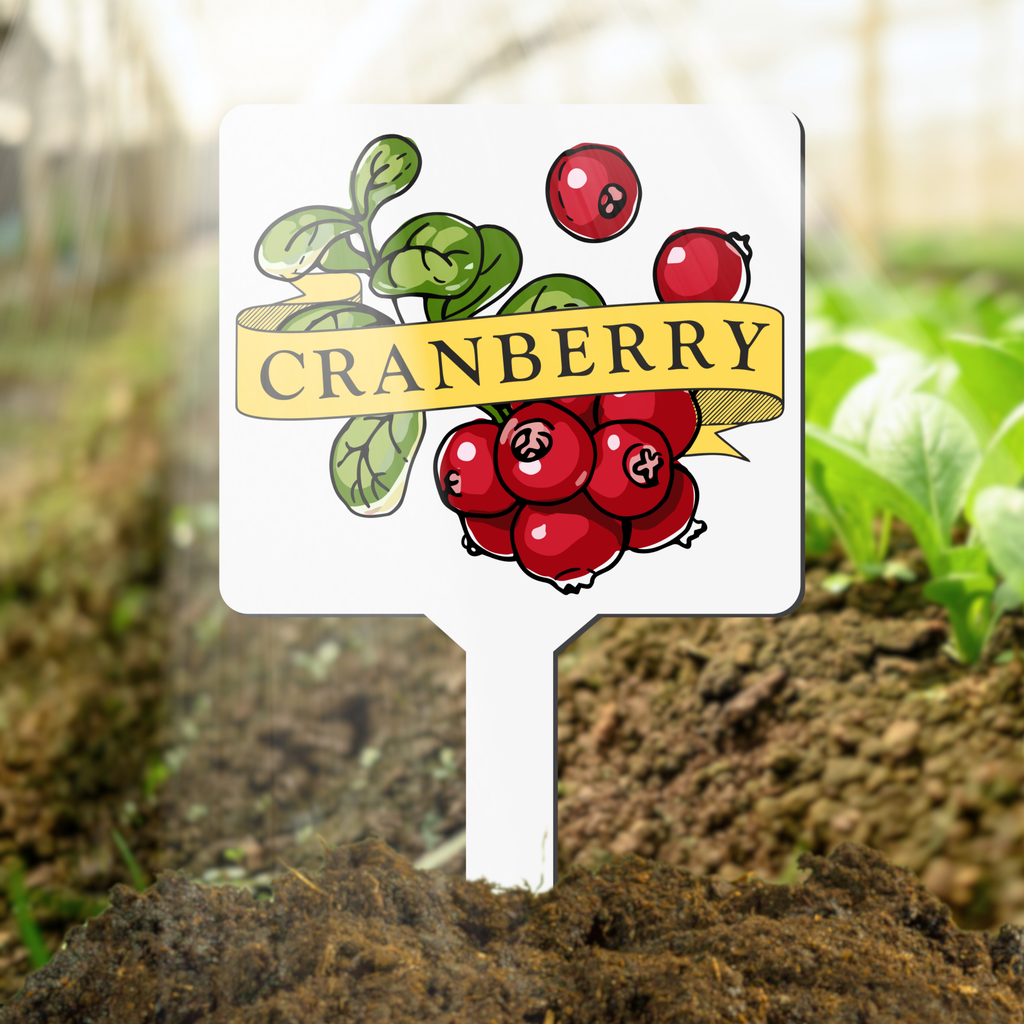 Plant marker with cranberry illustration and label in a garden setting