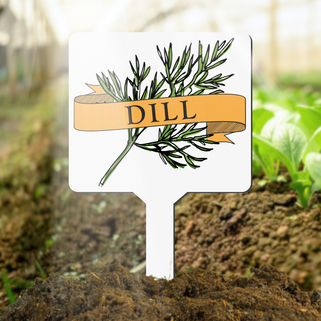 Garden marker with dill plant illustration and text in soil