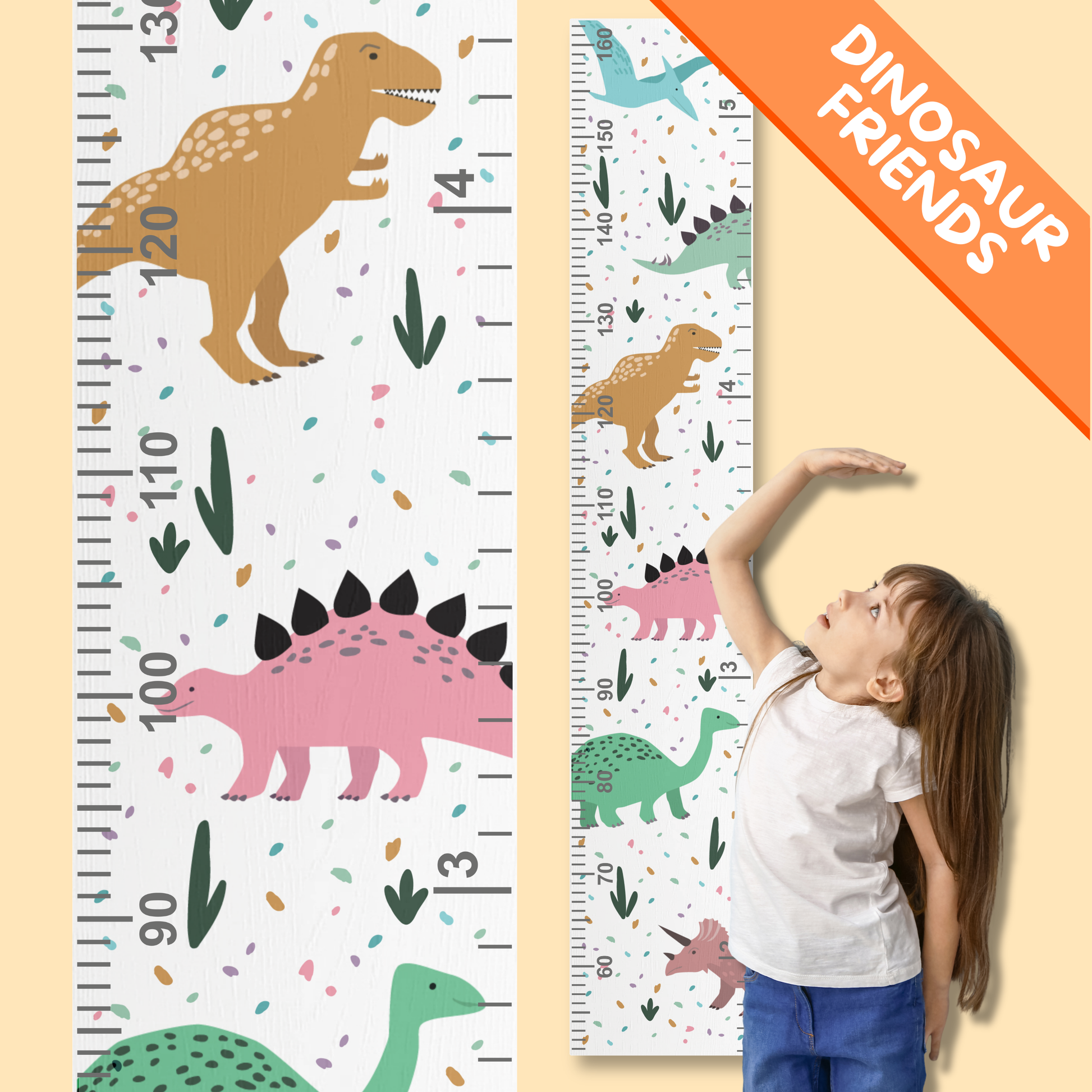Two dinosaur-themed growth charts with a child using one of them.