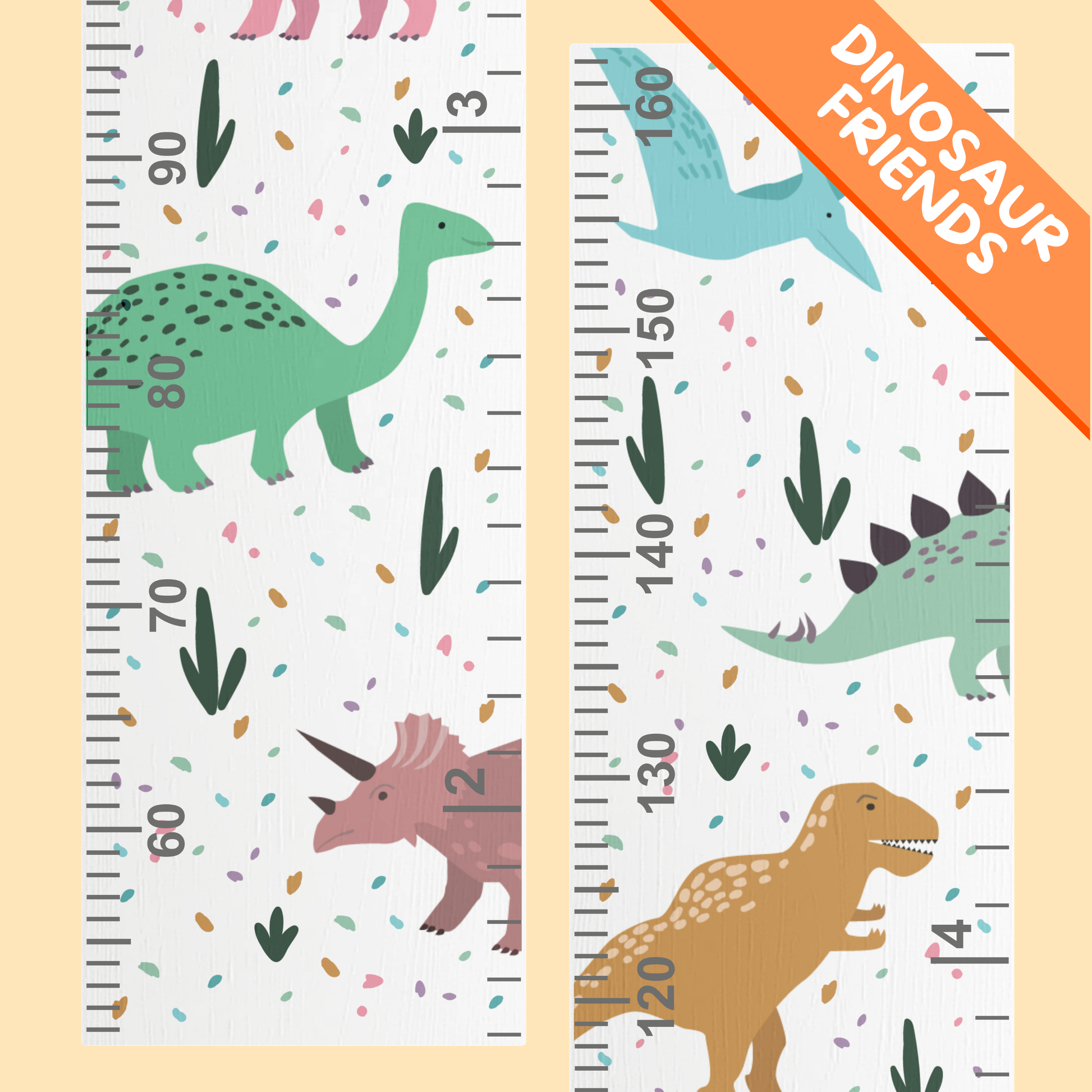 Growth chart with dinosaur illustrations and a ruler on a white background