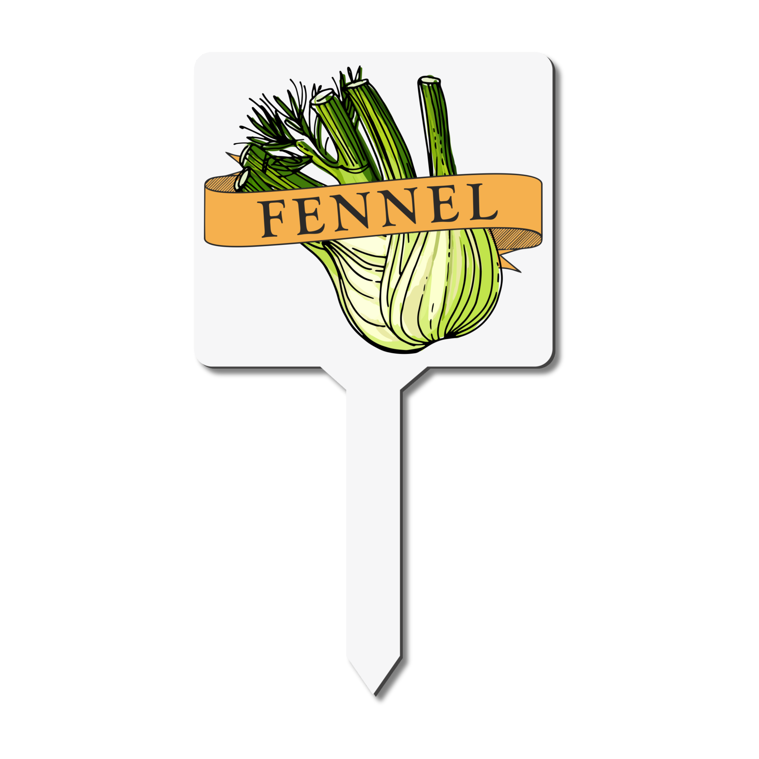 Garden marker with fennel illustration and text 
