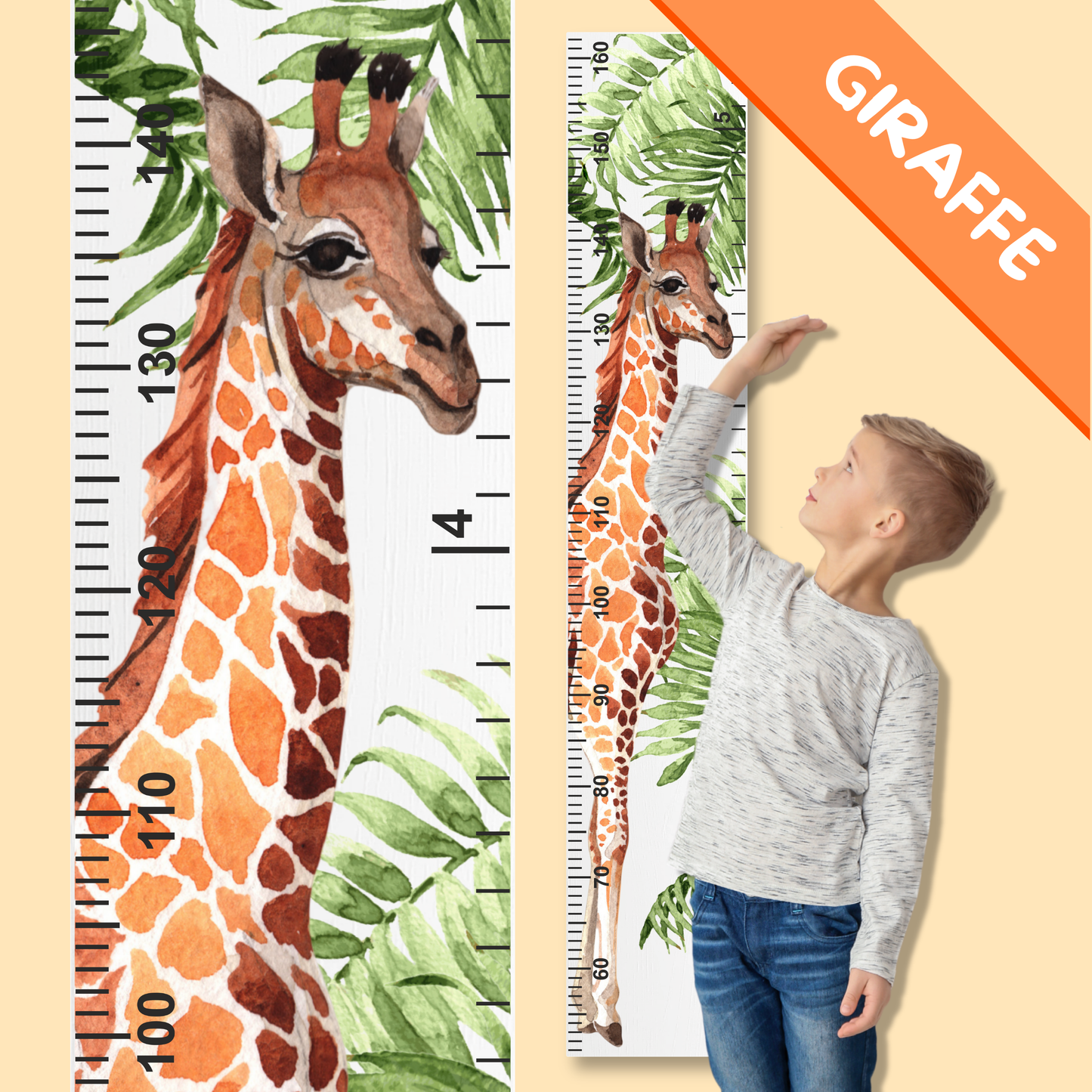 Giraffe-themed growth chart with a child for scale on a beige background