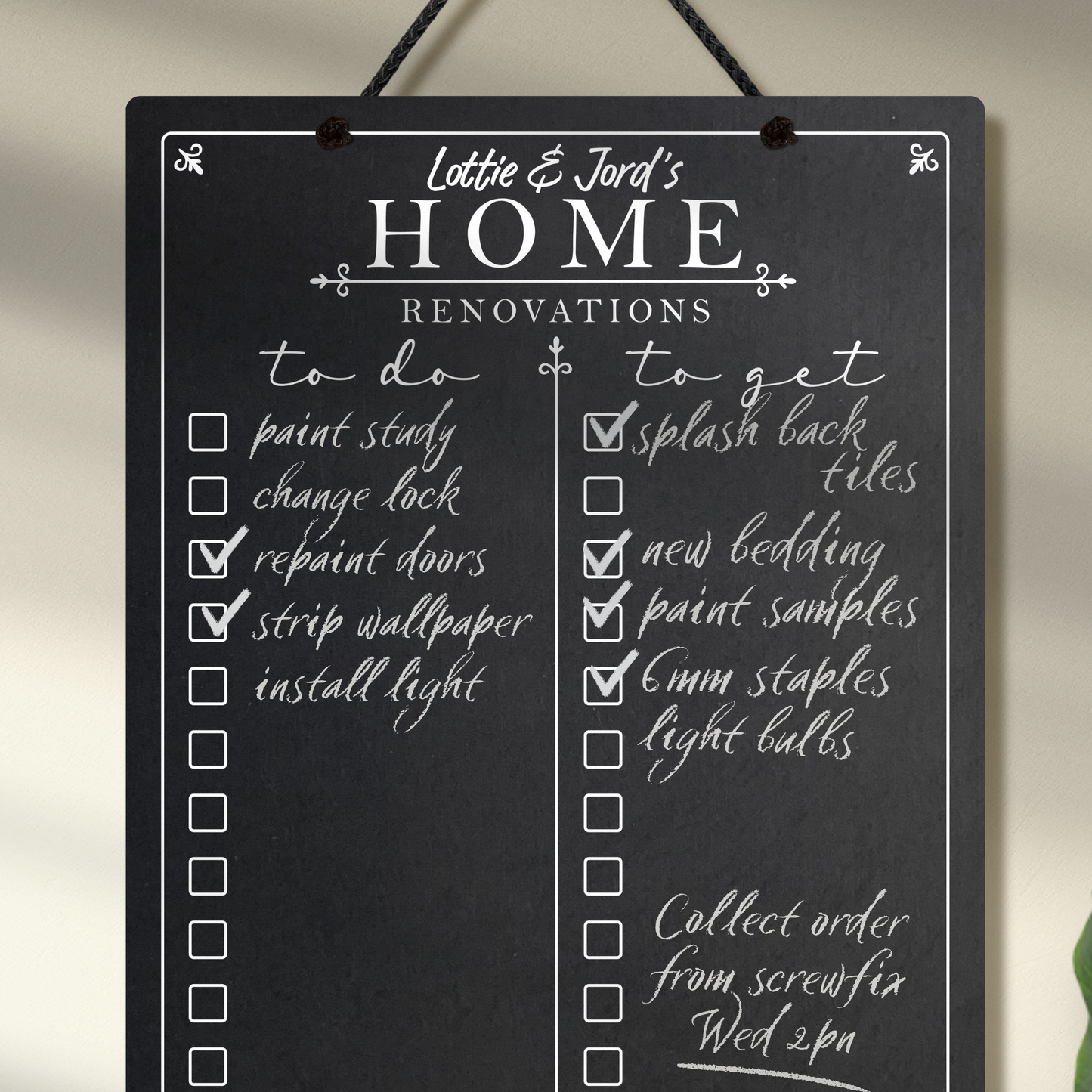 Personalised chalkboard with 'Home Renovations' at the top and 2 collumns with printed check boxes.