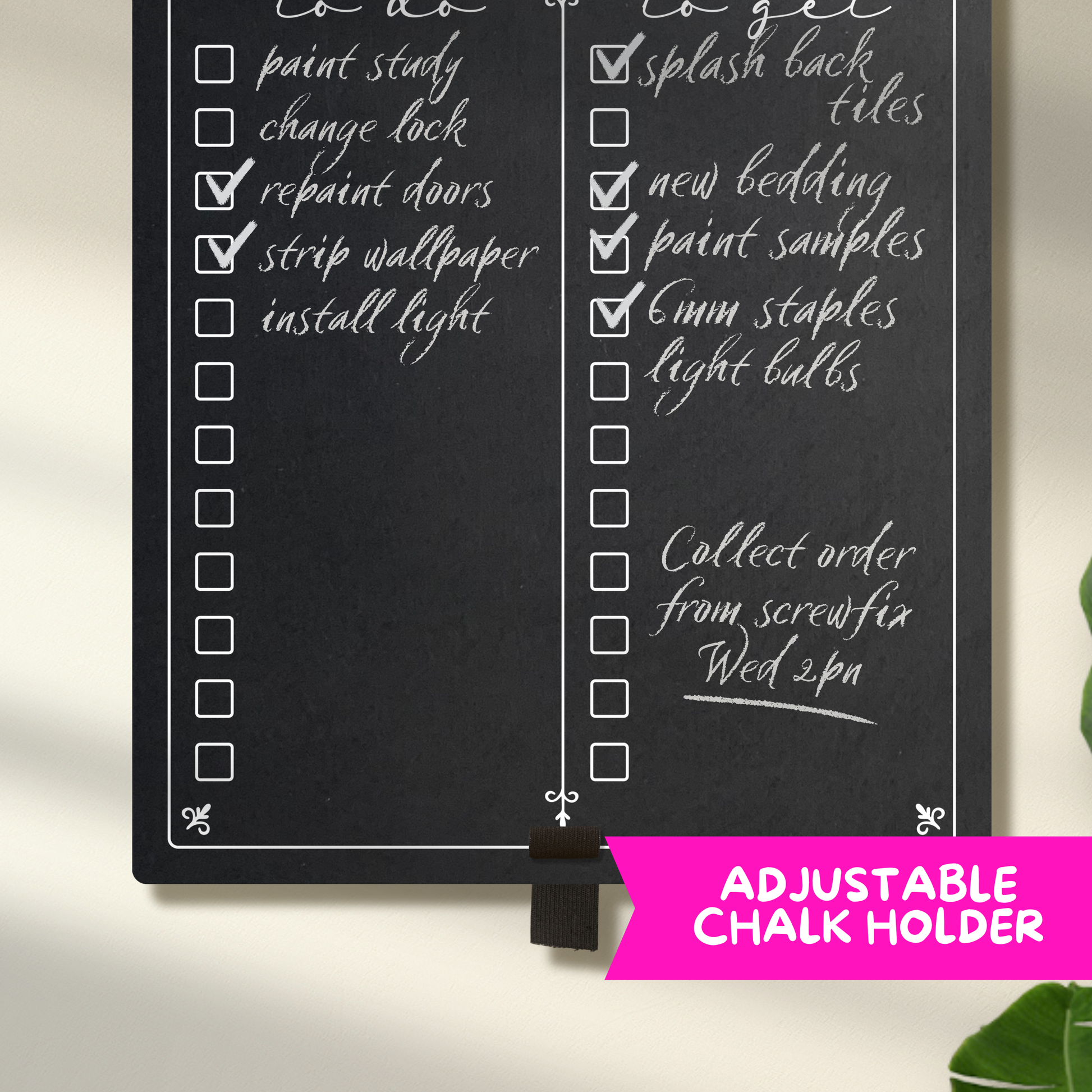 Chalkboard with adjustable pen holder featuring 2 colours of check boxes