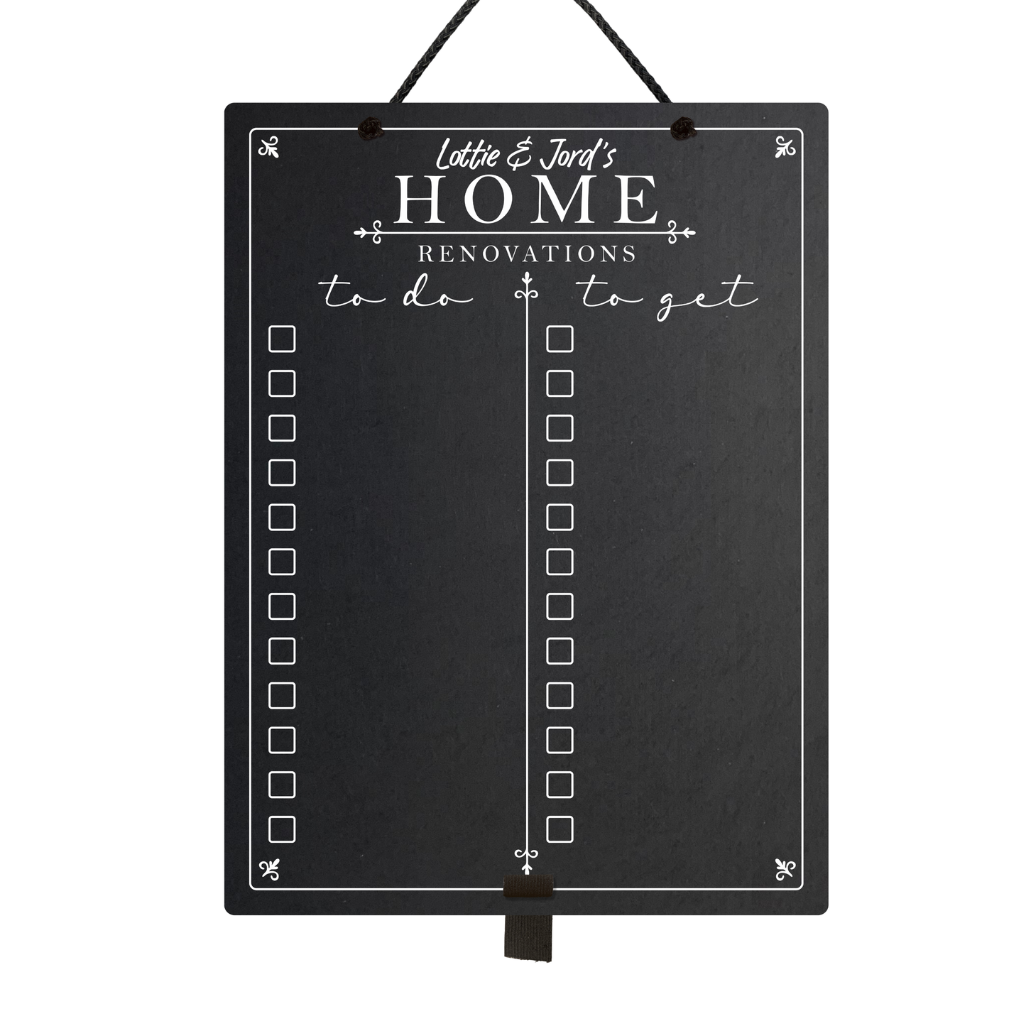Personalised hanging chalkboard with 'Home Renovations List' at the top and 'to do' & 'to get' collumns with check boxes.