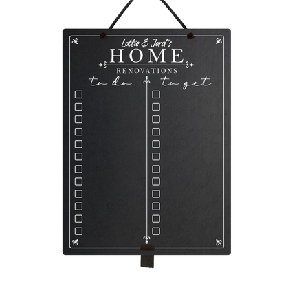 Personalised hanging chalkboard with 'Home Renovations List' at the top and 'to do' & 'to get' collumns with check boxes.